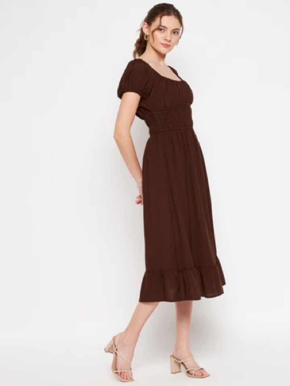 Brown Scoop Neck Midi Dress with Puff Sleeves - Picture 1 of 7